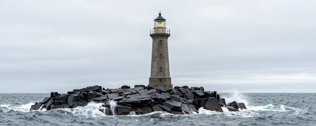 Fenmoor Light: a banded stone tower on a basalt headland above a grey winter sea, seen from below in flat overcast light.