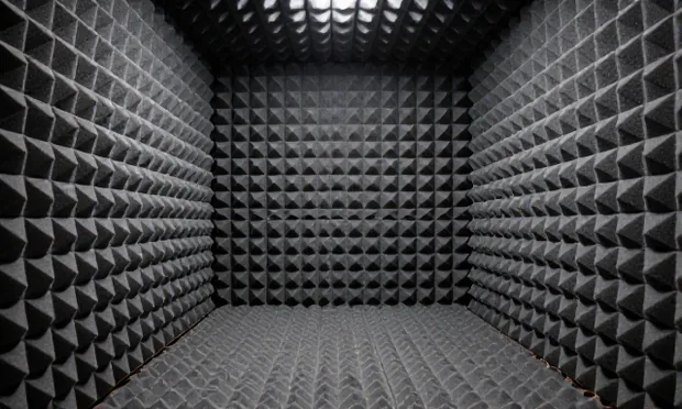 The inside of an anechoic chamber, grey foam absorber wedges converging on every surface.