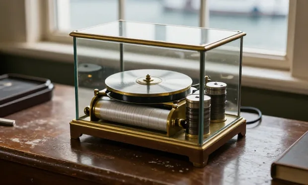 A brass barograph under a glazed case on a harbour station desk, its inked drum still loaded with paper.