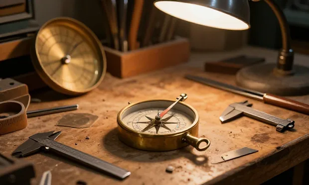 An instrument maker's bench with a half-assembled brass ship's compass among files and calipers.