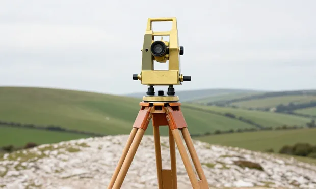 A theodolite on a wooden tripod standing on an open chalk downland ridge under a wide pale sky.