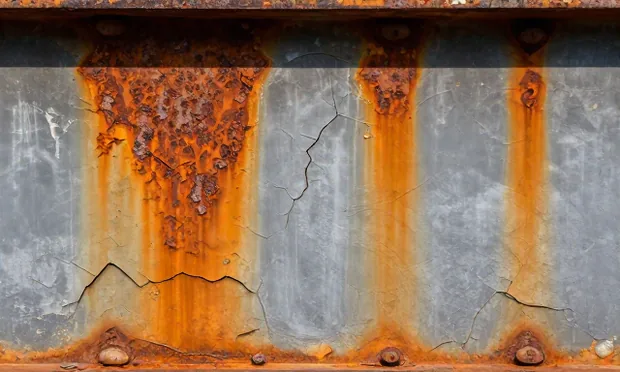 Layered orange and umber corrosion blooming through cracked grey paint on a steel bridge plate.