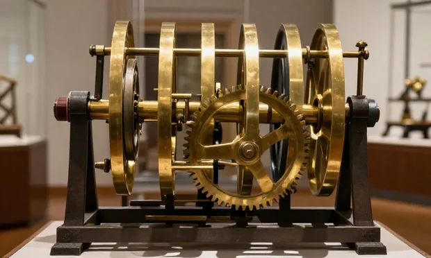 A brass tide-predicting machine, banks of polished pulleys and gear wheels on a cast-iron frame.