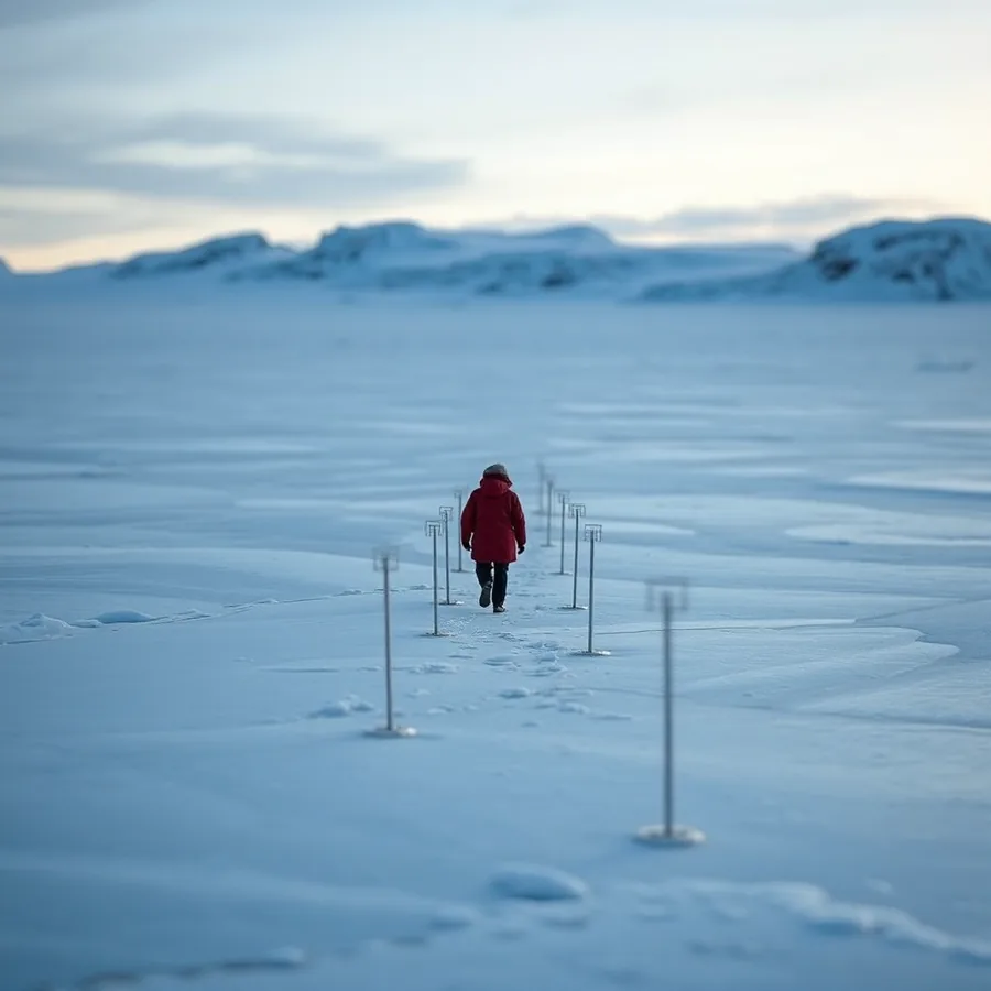 A lone figure in a red parka crossing the glacier at dusk beside the line of survey stakes