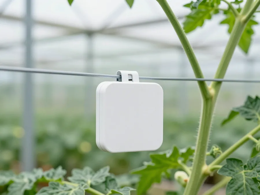 A battery-free sensor node clipped to a trellis wire beside a tomato stem, deep inside a glasshouse canopy.