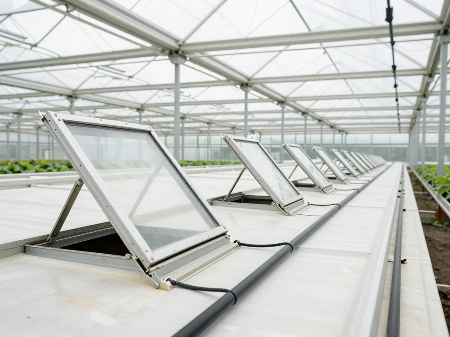 Ridge vent louvres tilting open one after another along a glasshouse roof, drip lines running between the crop rows below.