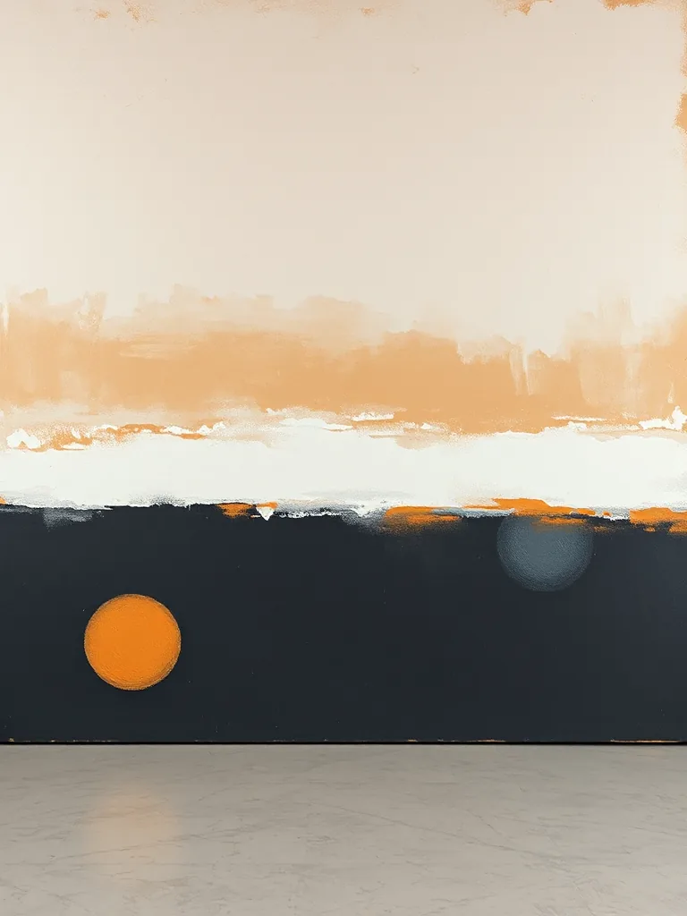Halvard Reim, Instrument for a Flat Horizon — bands of pale ochre and bone white above a dark slate horizon line, painted in thick impasto.