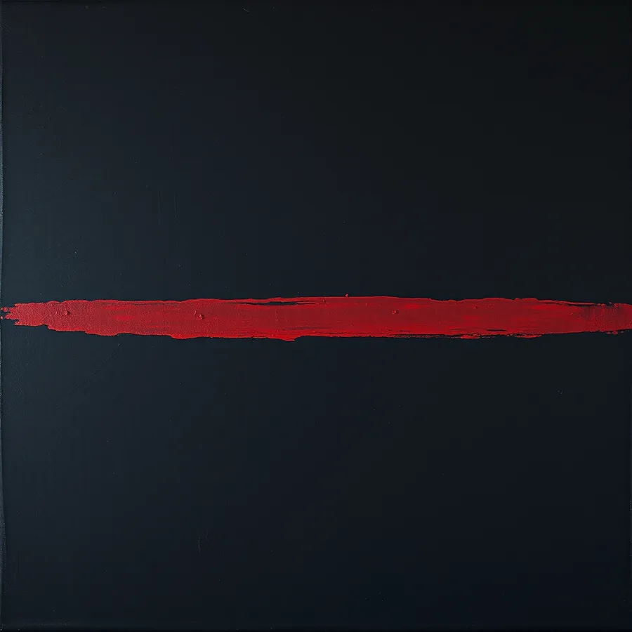 Ada Pell, Nocturne for a Closed Gallery — a near-black field crossed by a single horizontal band of dull red pigment stick.