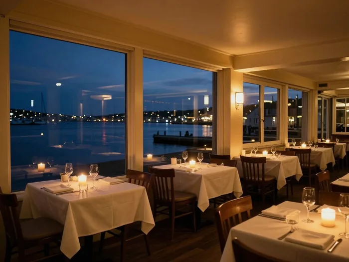The Ambergris Room at night — candlelit tables under tall windows looking out onto the harbour.