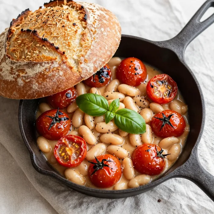 The finished dish: blistered cherry tomatoes and creamy white beans under a lid of torn golden sourdough, scattered with basil.