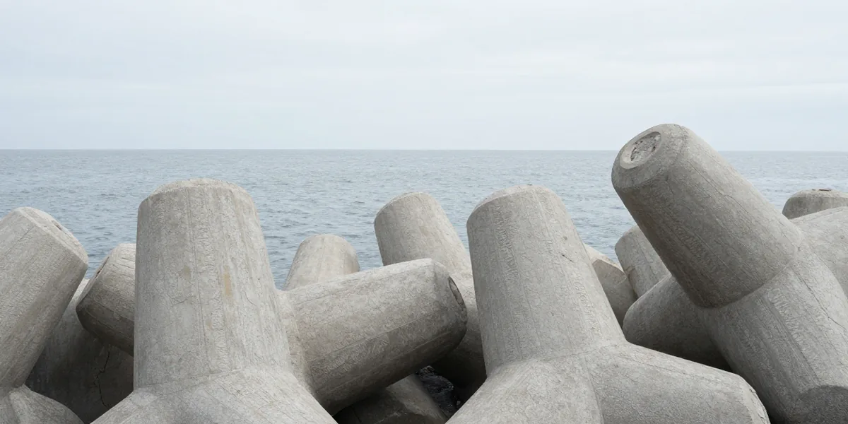 A concrete breakwater and pier pilings under flat grey overcast light