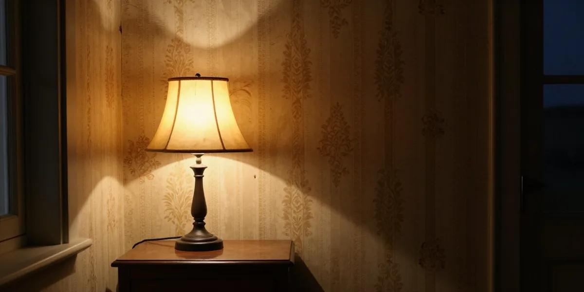 A single warm table lamp burning in a dim coastal cottage interior at night