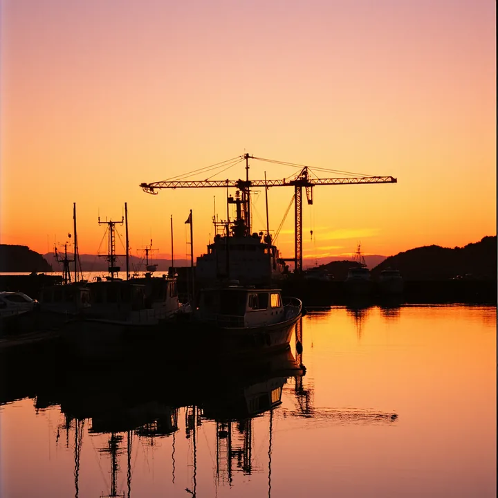 The harbour at dusk: moored boats and a loading crane against an orange sky