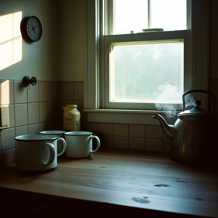 A kitchen counter at dawn with a kettle and enamel mugs in low window light