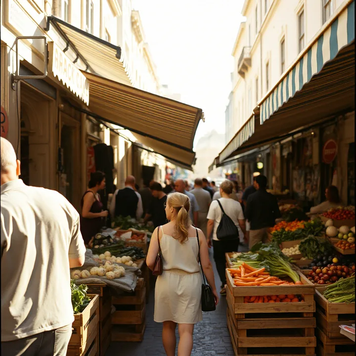 Market stalls under striped awnings, crates of vegetables and shoppers