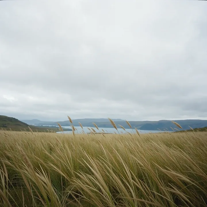Open moorland beside a reservoir, grass flattened by wind under a grey sky