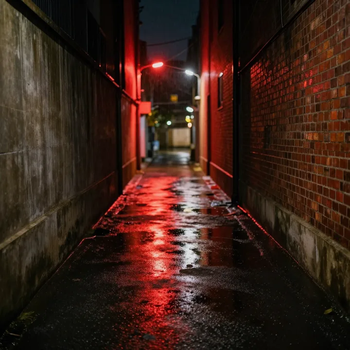 A rain-slicked street at night lit red and amber by shopfronts