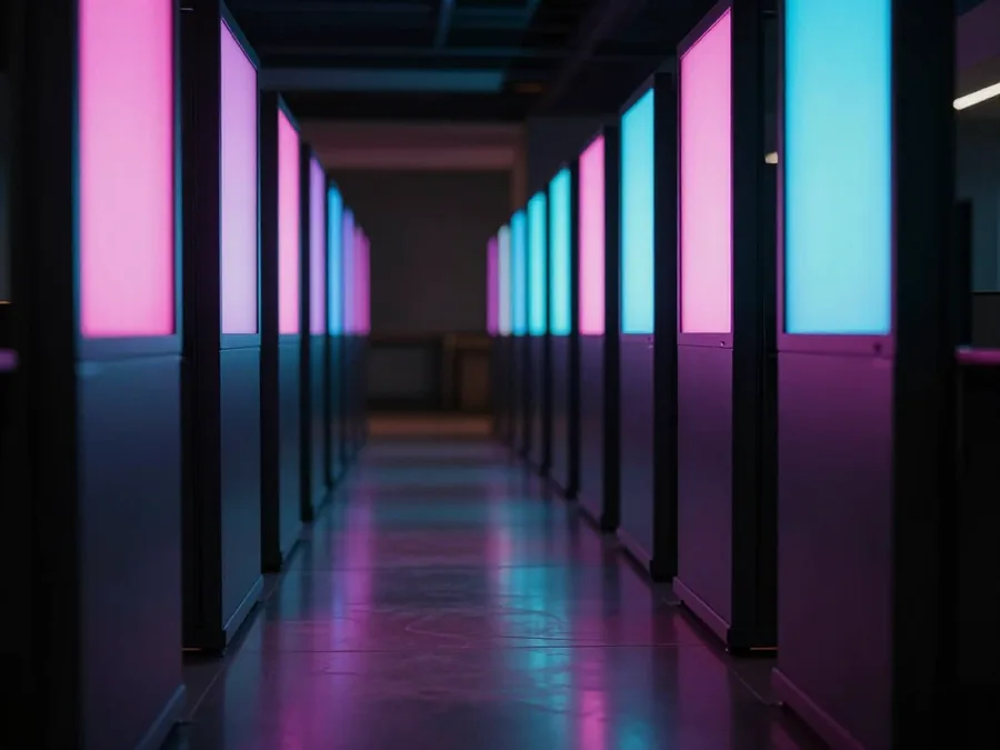 An empty arcade aisle at midnight lit magenta and cyan by the cabinets