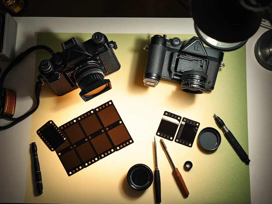 Two film cameras part-disassembled on a repair bench beside negatives and a loupe