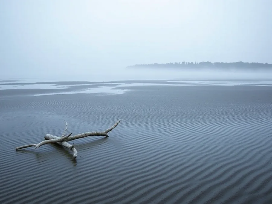 The Columbia estuary at low tide in winter fog, mudflats and driftwood