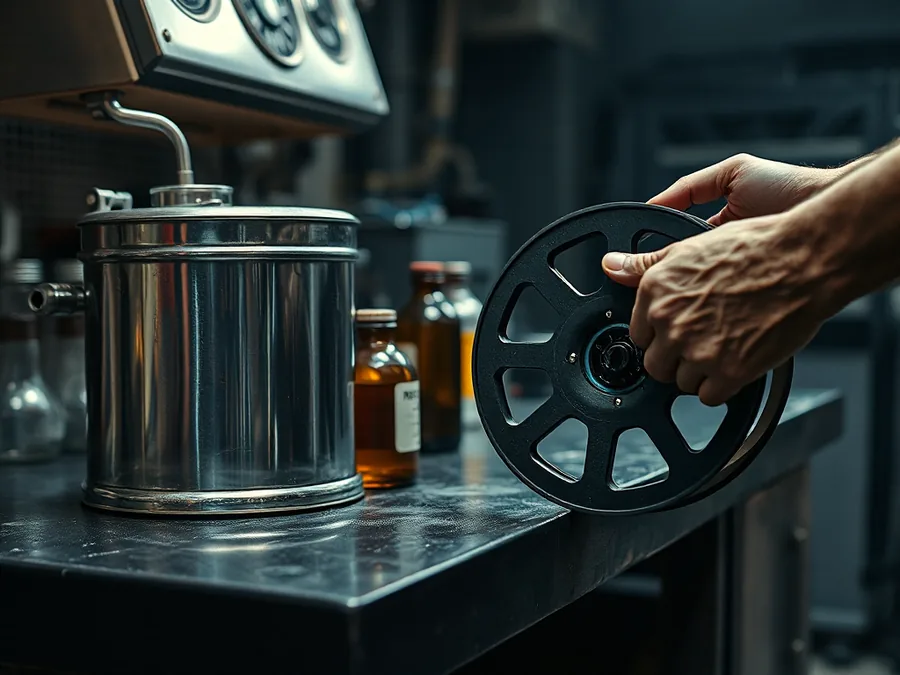 Hands lifting a loaded film reel from a developing tank on a wet darkroom bench
