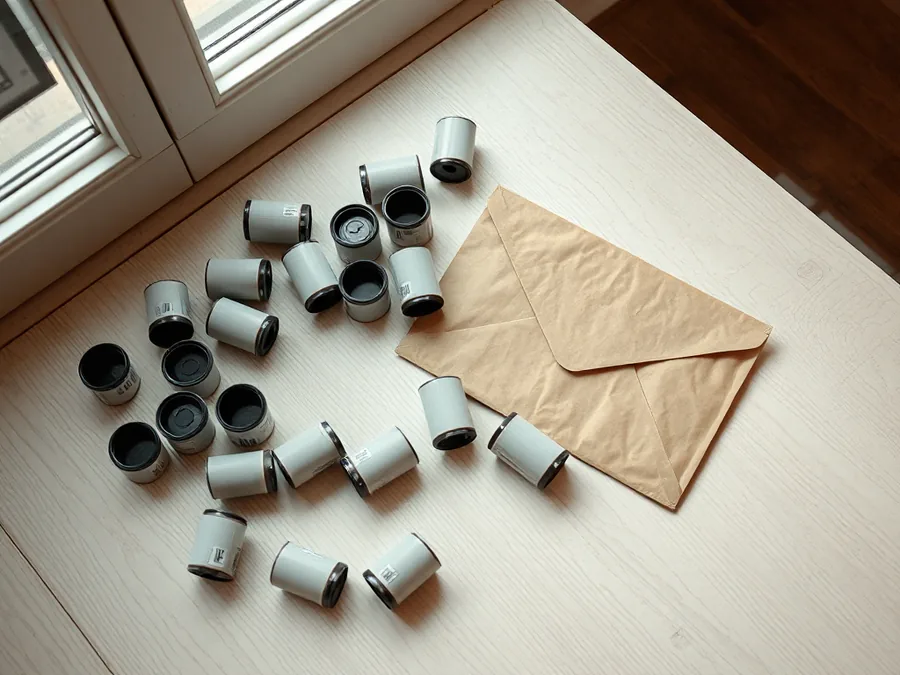 Unlabelled 35mm film canisters and a kraft mailing envelope on a wooden table