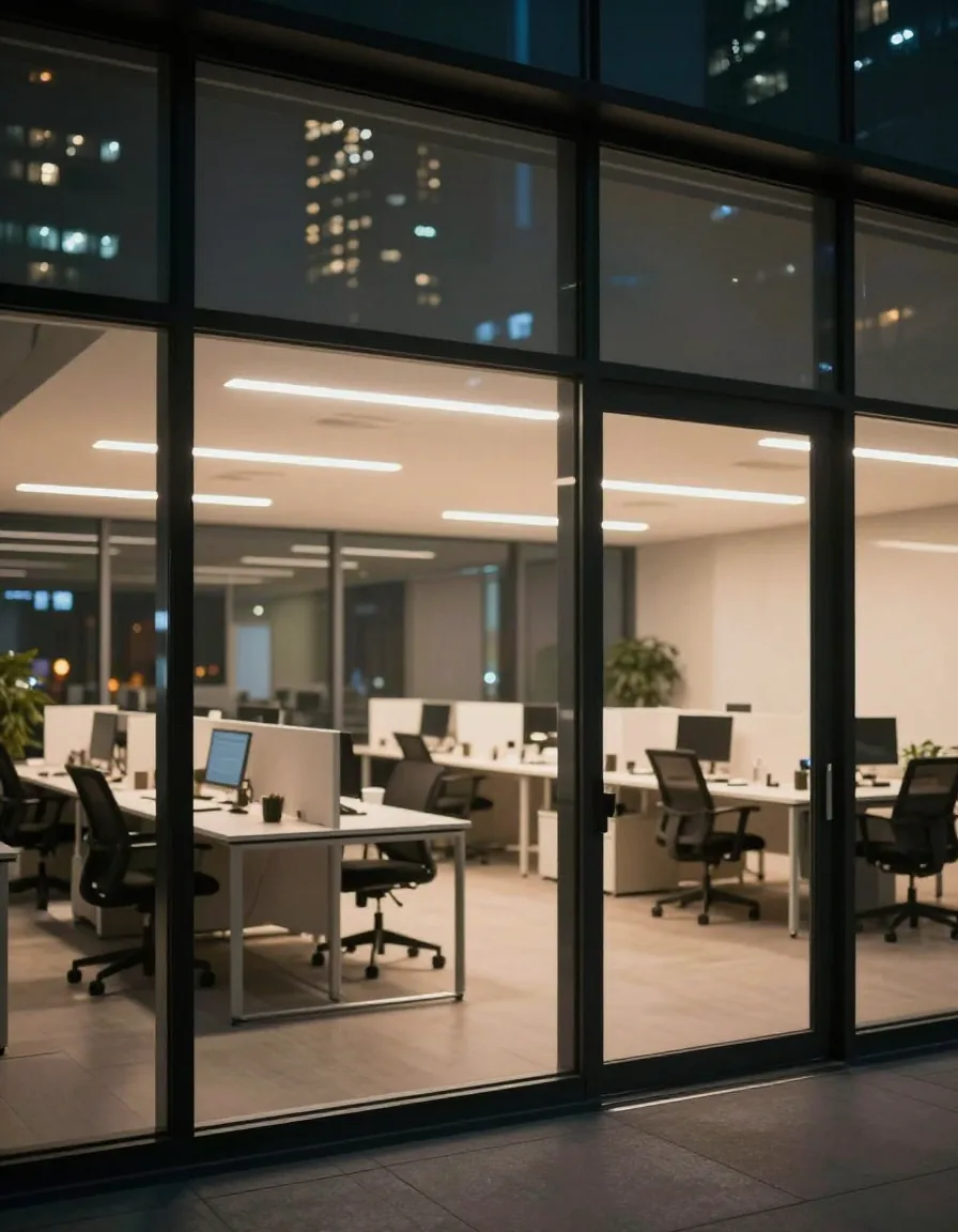 A quiet finance floor at night seen through a glass wall, empty desks under pooled downlights with city towers beyond.