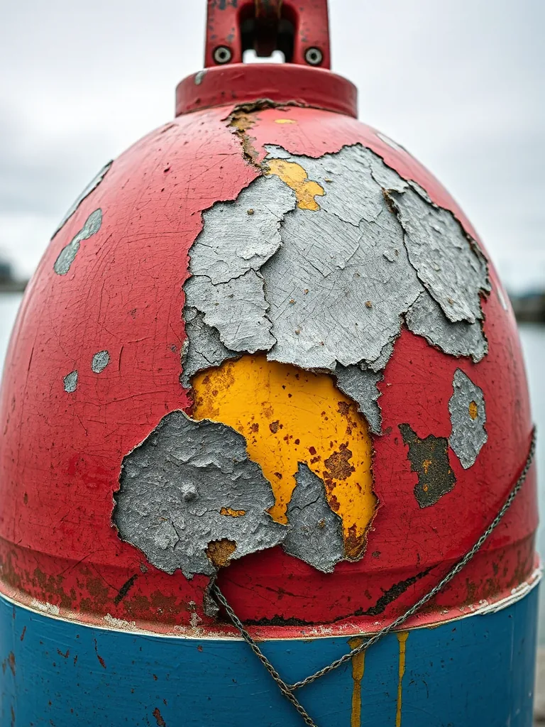 Chipped vermilion paint on a weathered steel harbour buoy, three layers of colour showing through the corrosion.