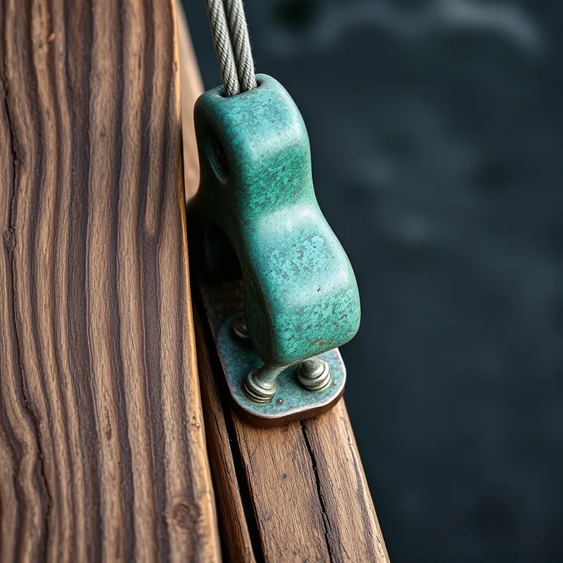 An oxidised copper mooring cleat bolted to a wet timber dock, carrying six winters of verdigris.