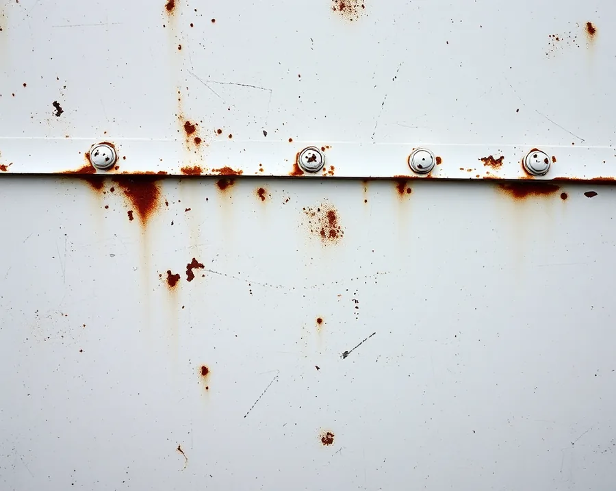 A weathered white ship hull plate, rust streaked, with riveted seams and pale chalk marks.