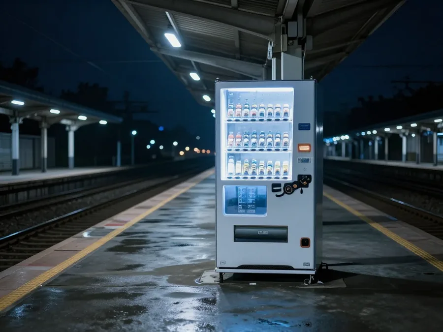 A lit vending machine glowing alone on a wet, deserted railway platform at night