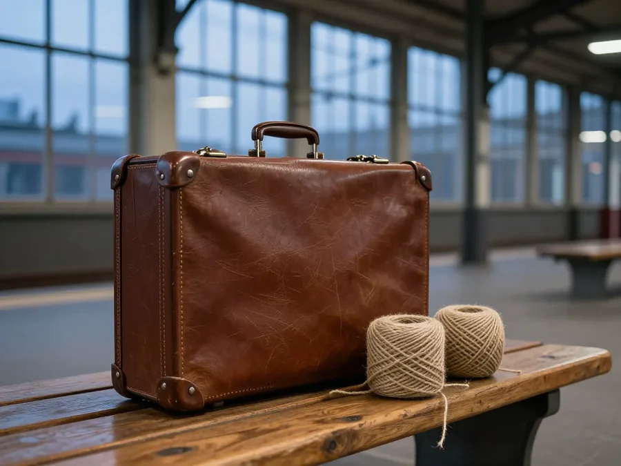 A worn leather suitcase and a coil of waxed twine on a bench in an empty station at dusk