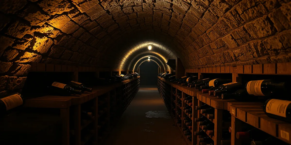 The vaulted cellar beneath the dining room, bottles resting on their sides in wooden racks