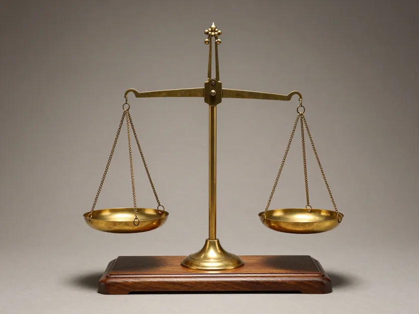 A brass equal-arm apothecary balance on a mahogany plinth, its two shallow pans hanging level from chain suspensions.