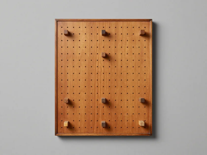 A framed beech pegboard hung flat, drilled with a regular grid of holes, eight boxwood pegs still standing in the field.