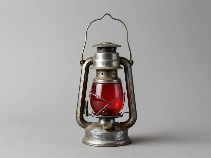 A tinned sheet-iron hand lantern with ruby-red glazing and a brass carrying bail, standing upright against a plain grey ground.