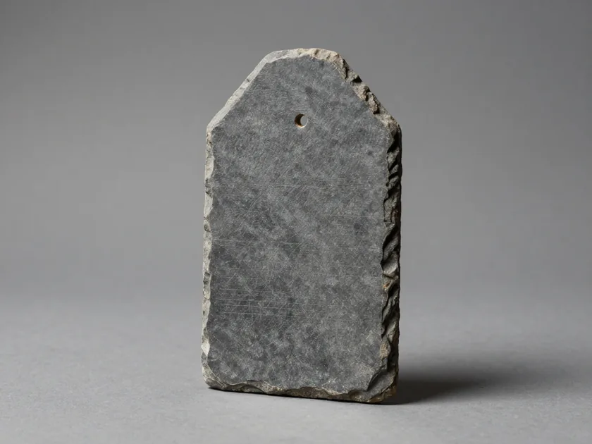 An incised grey roofing slate with a drilled suspension hole near the top, photographed upright under raking light against a plain grey ground.