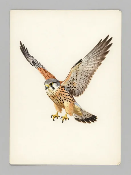 A watercolour study of a kestrel with wings half spread, on aged laid paper