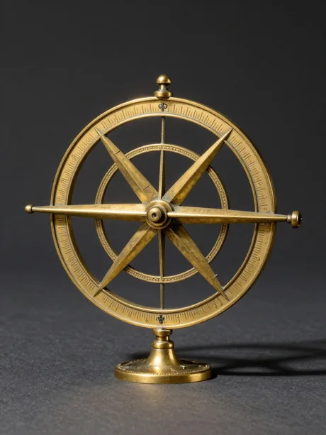 A brass planispheric astrolabe with pierced rete and engraved degree rim, lit against a dark ground