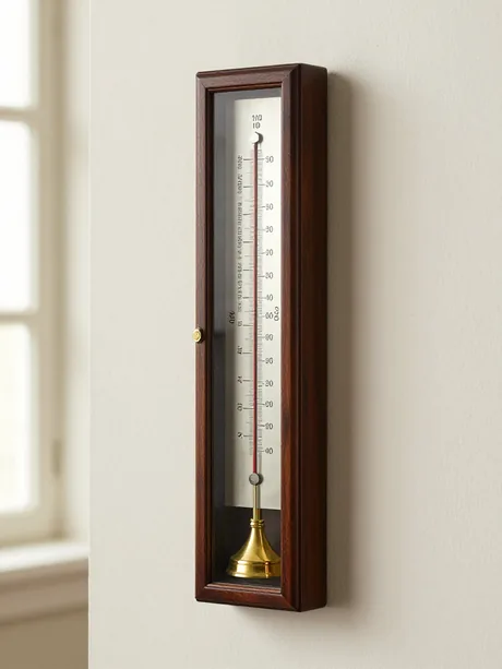 A mercury stick barometer in a slim mahogany case with a silvered scale plate