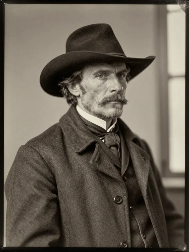 Sepia studio portrait of a gaunt man in a wide-brimmed hat and heavy coat
