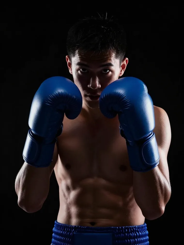 Nnamdi Okafor-Reyes in a southpaw stance, gloves up, lit from behind against black.