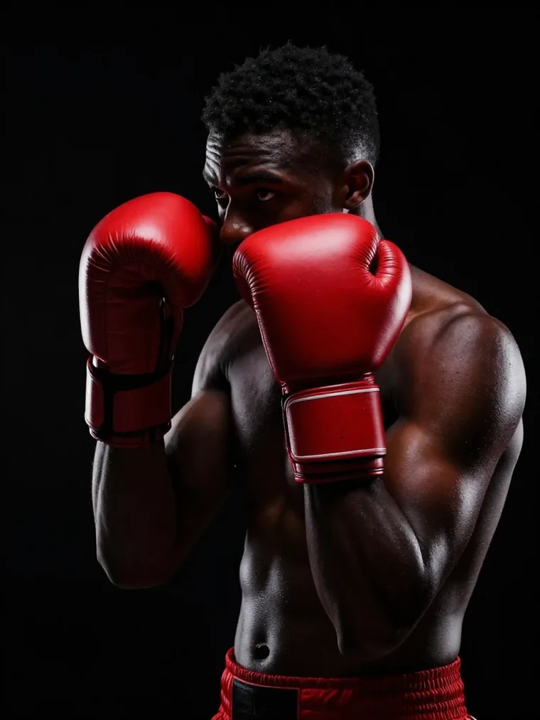 Dessa Kovaleva in an orthodox stance, gloves up, lit from behind against black.