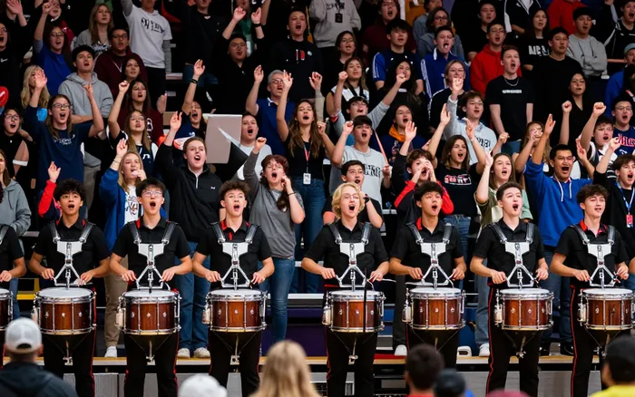 A packed crowd section standing behind the drum line