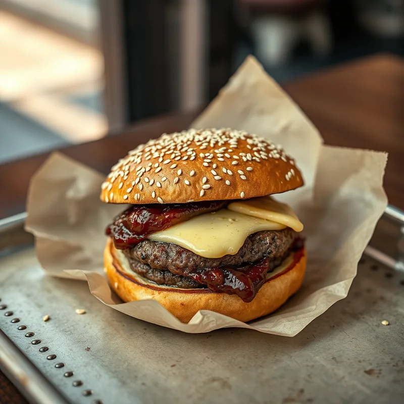 The Rind Burger on a metal tray: dry-aged patty, melted raclette and burnt onion jam in a seeded bun