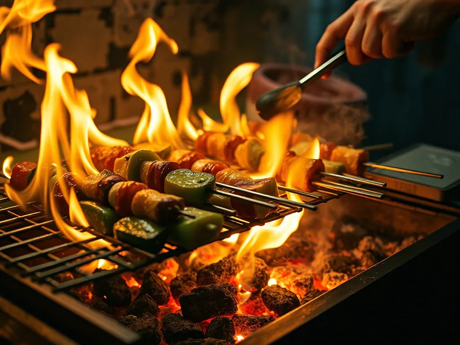 Vegetables and skewers charring over open flame on the truck's grill, embers glowing beneath the grate