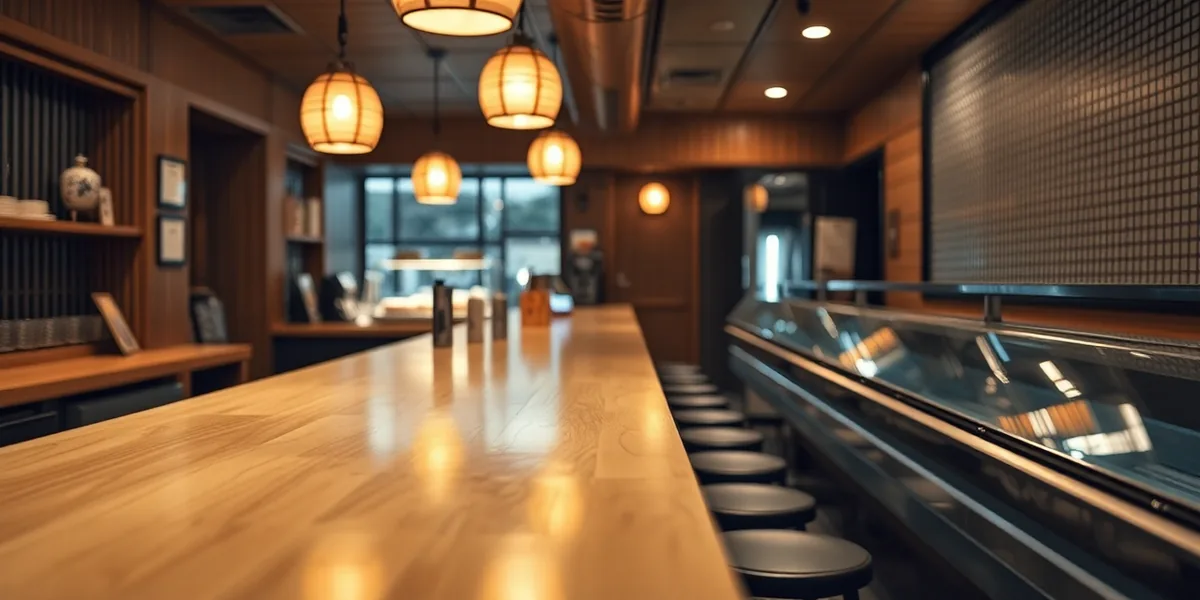 The cypress counter of Belt No. 3 after service, stools empty under the warm pendant lamps