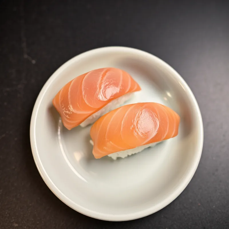 Two pieces of nigiri resting on a plain rimmed ceramic plate on a dark counter