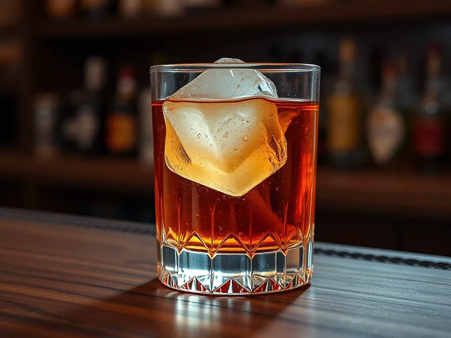 A heavy double old-fashioned glass holding one large clear cube and amber spirit, on a dark bar top.
