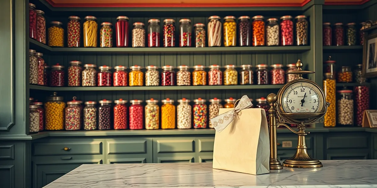 The Pennygrove counter: rows of tall glass jars of coloured sweets on painted shelves, brass scales and a paper bag on the marble slab.
